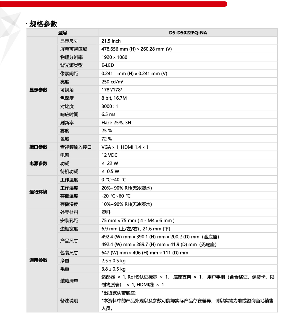 DS-D5022FQ-NA產品參數